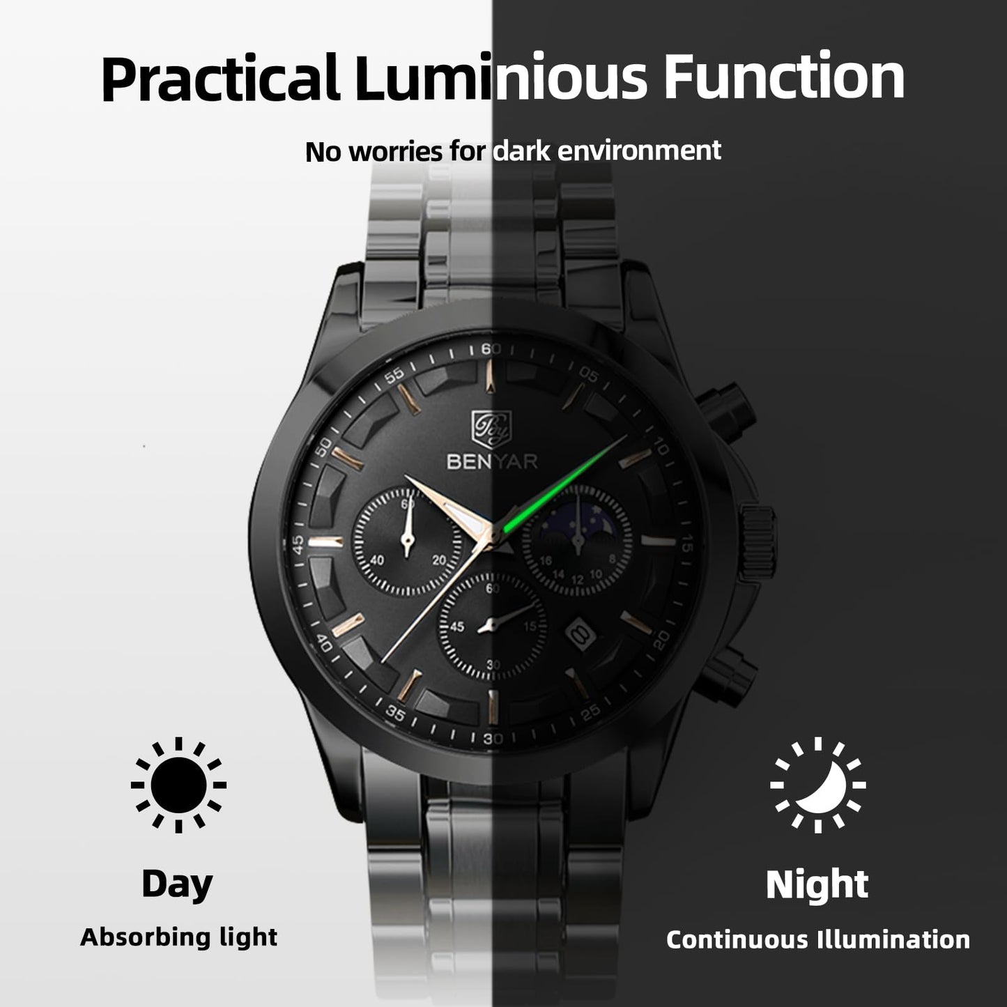 BENYAR Relojes Hombre Cronografo Analógico Impermeable Relojes de Pulsera Luminoso Fecha Negocios Casual Diseñador Reloj Hombre Banda de Acero Inoxidable Regalo Elegante