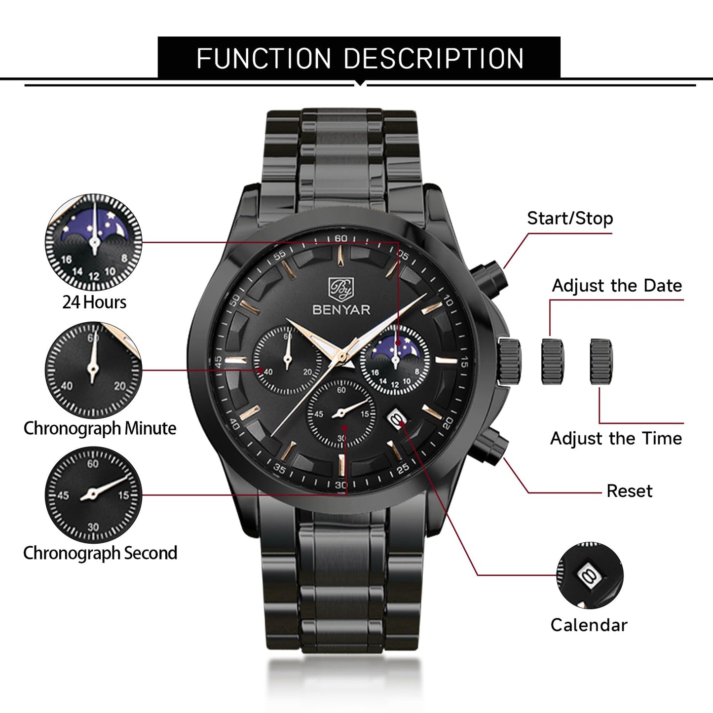 BENYAR Relojes Hombre Cronografo Analógico Impermeable Relojes de Pulsera Luminoso Fecha Negocios Casual Diseñador Reloj Hombre Banda de Acero Inoxidable Regalo Elegante