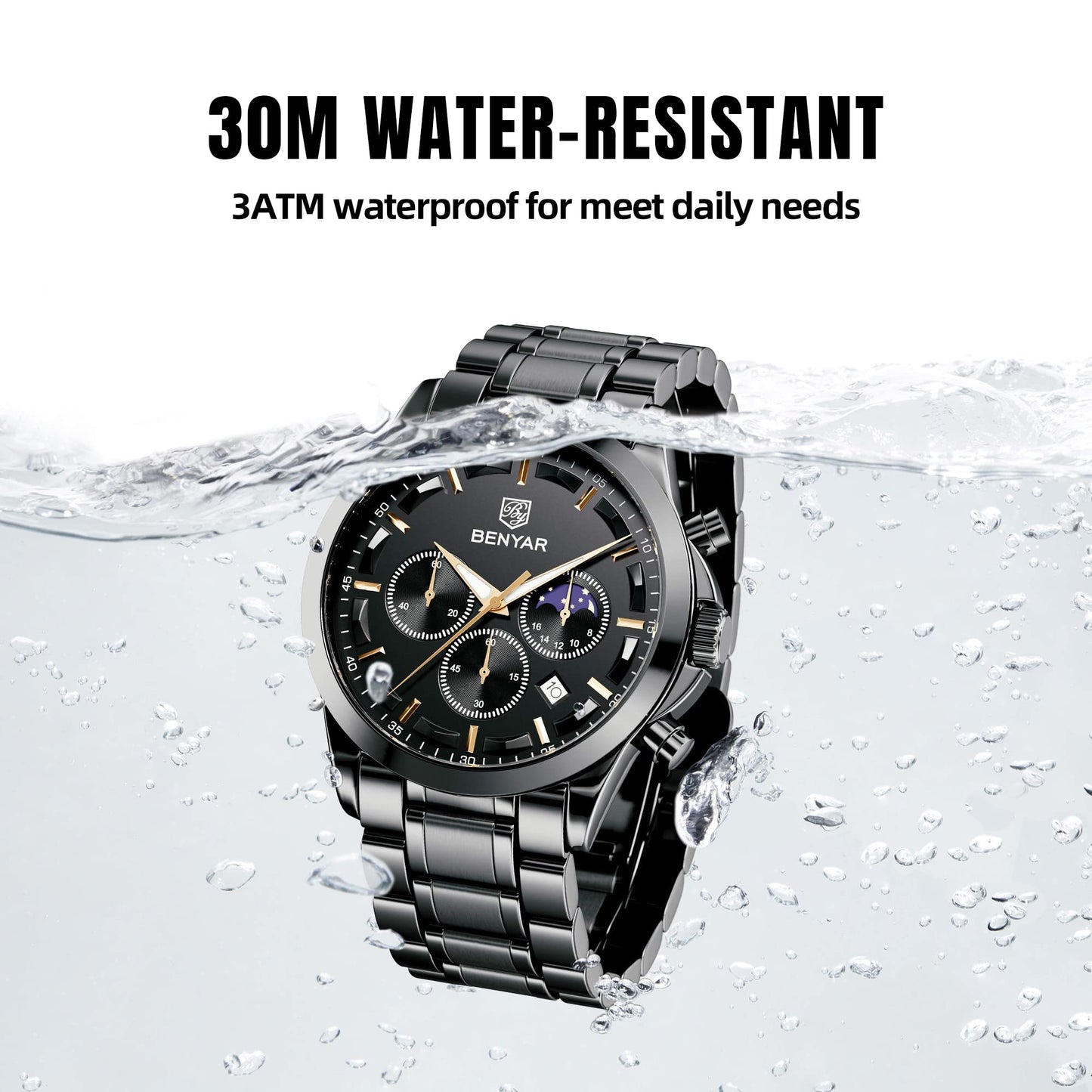 BENYAR Relojes Hombre Cronografo Analógico Impermeable Relojes de Pulsera Luminoso Fecha Negocios Casual Diseñador Reloj Hombre Banda de Acero Inoxidable Regalo Elegante