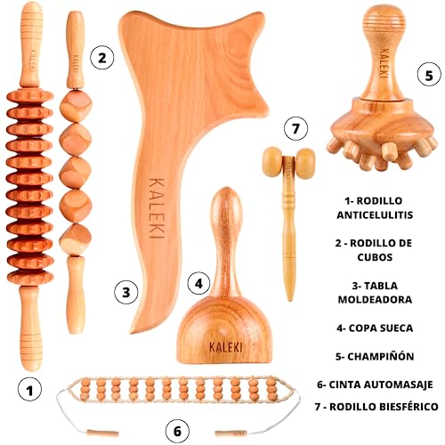 kit maderoterapia corporal 7 Piezas – Rodillo Masaje Muscular y Copa Sueca Grande – maderoterapia kit – Rodillo anticelulítico y Cubos, Tabla Moldeadora, Champiñon, biesférico y Cinturón automasaje.