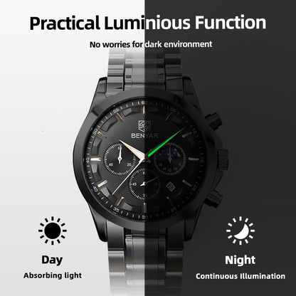 BENYAR Relojes Hombre Cronografo Analógico Impermeable Relojes de Pulsera Luminoso Fecha Negocios Casual Diseñador Reloj Hombre Banda de Acero Inoxidable Regalo Elegante